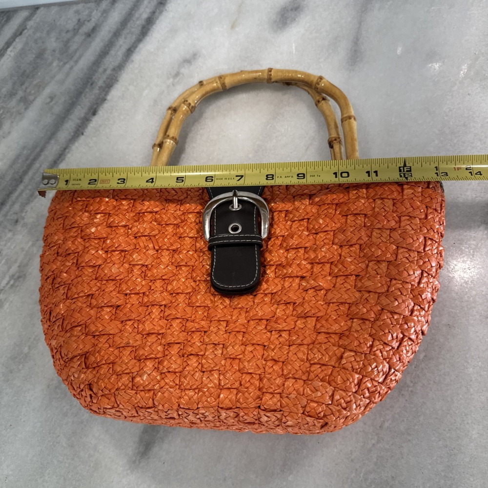 Orange Straw Purse With Leather Buckle And Bamboo Handles - Picture 12 of 15